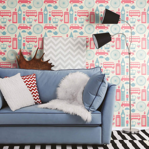 Blue and White Travel Themed Peel and Stick Removable Wallpaper