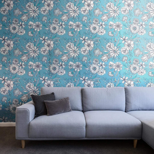 Blue and Emerald Watercolor Floral Wallpaper | Walls By Me