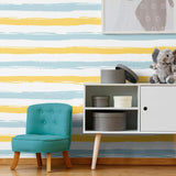 Blue and Yellow Striped Peel and Stick Removable Wallpaper