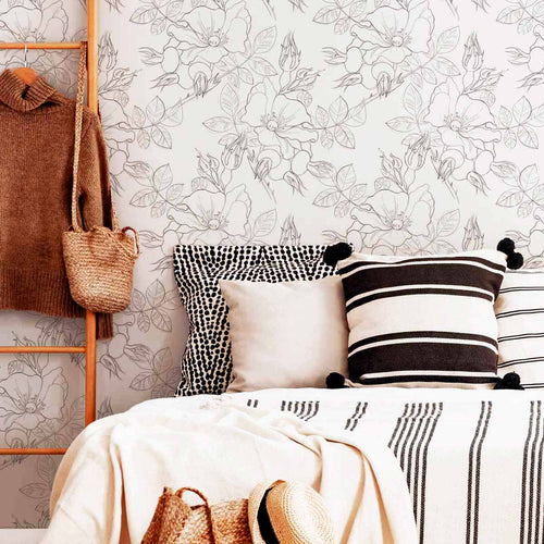 Charcoal and White Floral Floral Peel and Stick Removable Wallpaper