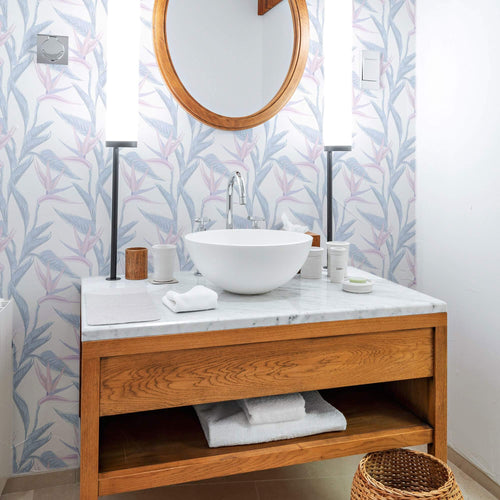 Pink and BlueFloral Peel and Stick Removable Wallpaper in the bathroom