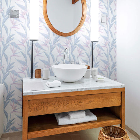 Pink and BlueFloral Peel and Stick Removable Wallpaper in the bathroom
