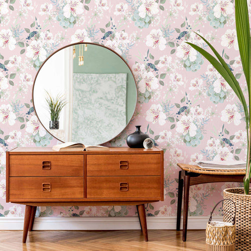 Pink Flowers Peel and Stick Removable Wallpaper