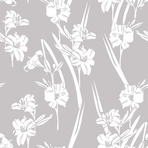 Scattering artistic all-white flowers all over a gray background removable wallpaper