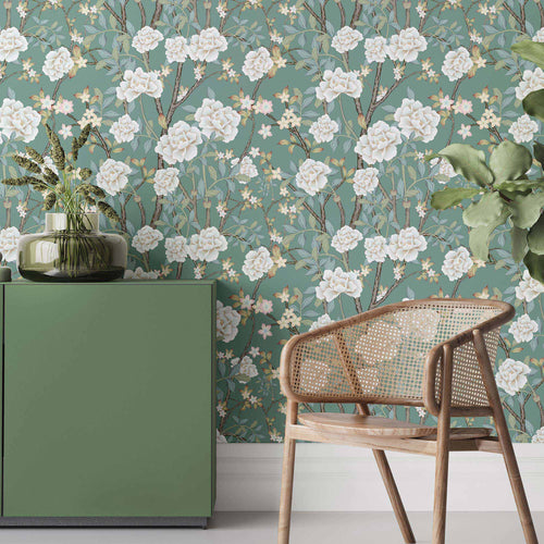 Green Flowers Peel and Stick Removable Wallpaper