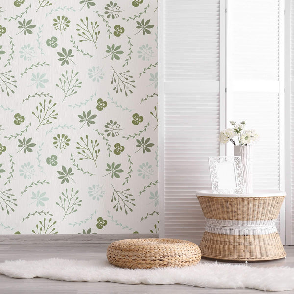 Bed Room Olive Green ( base ) Floral Print Wallpaper, For Wall