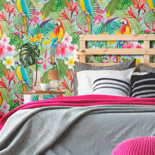 Green and Blue Tropical Floral Peel and Stick Removable Wallpaper