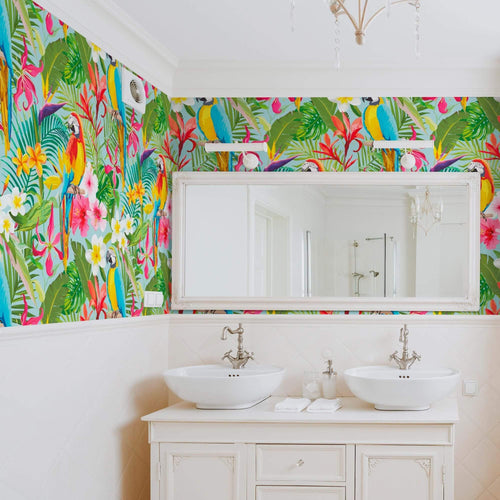 Green and Blue Tropical Floral Peel and Stick Removable Wallpaper