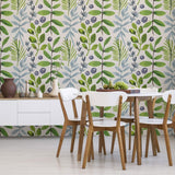 Green and purple Botanical Floral Peel and Stick Removable Wallpaper