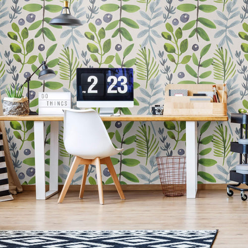 Green and purple Botanical Floral Peel and Stick Removable Wallpaper