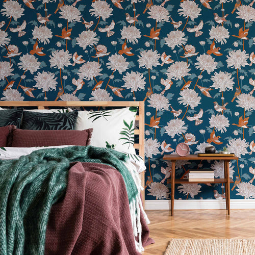 Blue Flowers Peel and Stick Removable Wallpaper