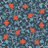 Overlaying a muted foliage pattern with bright red flowers removable wallpaper