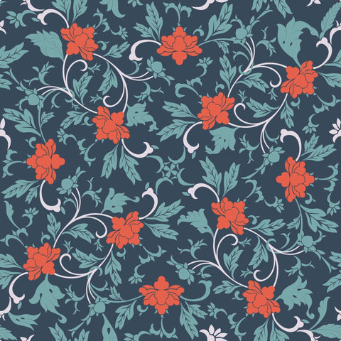 Overlaying a muted foliage pattern with bright red flowers removable wallpaper