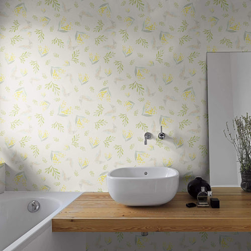 Green and Beige Birds Floral Removable Wallpaper 8273| Walls By Me