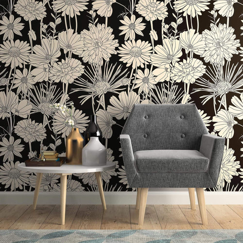 White and Black Hand Drawn Floral Removable Wallpaper 5539| Walls By Me