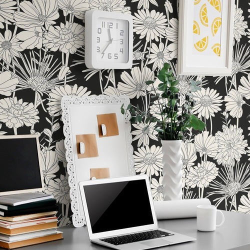 White and Black Hand Drawn Floral Removable Wallpaper 5539| Walls By Me