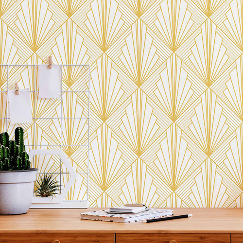 Vintage finesse takes a fun route in this distinctive peel and stick wallpaper.