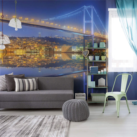 Gold and Blue Bridge Landscape Peel and Stick Removable Wall Mural 3406