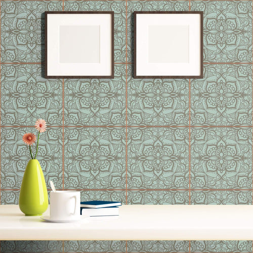 Green and Grey Damask Tile Adhesive Peel and Stick Removable Wallpaper