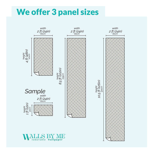 Guide to: How much wallpaper do I need? Step 1: Measure the height of your wall. This will tell you what panel size you should choose (panel size); Step 2: Measure the width of your wall. This will tell you how many panels you need (panel quantity); Measurements Units: If you measured in feet, divide by 2; If you measured in inches, divide by 24; If you measured in centimeters, divide by 60.