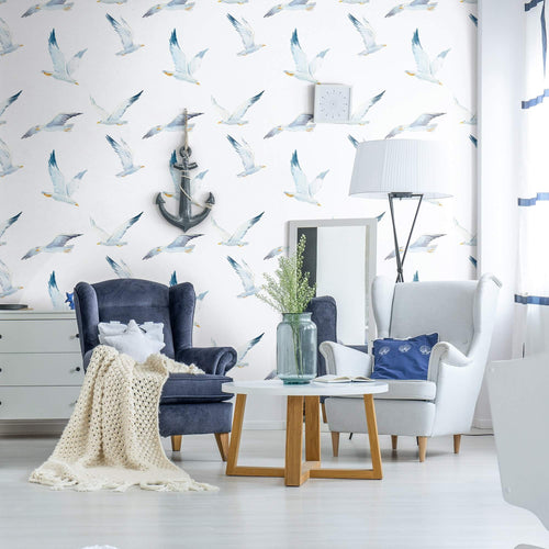 White and Blue Bird Nautical Peel and Stick Removable Wallpaper