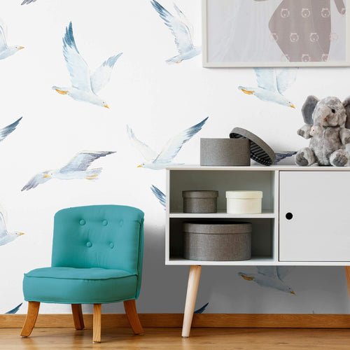 White and Blue Bird Nautical Peel and Stick Removable Wallpaper