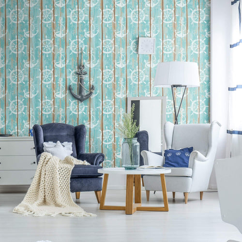 Brown and Teal Faux Nautical Peel and Stick Removable Wallpaper
