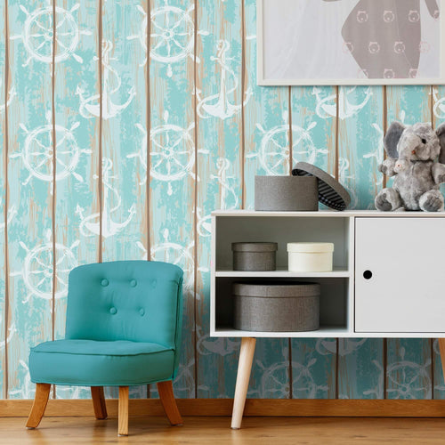 Brown and Teal Faux Nautical Peel and Stick Removable Wallpaper