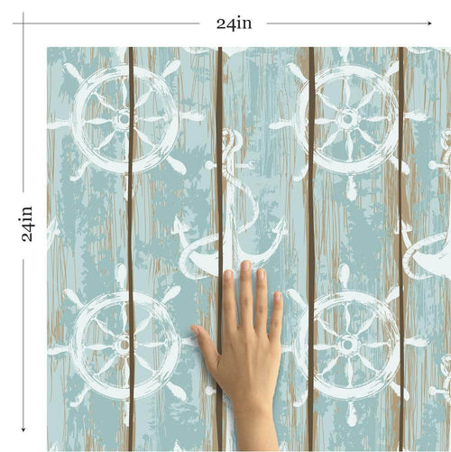 Brown and Teal Faux Nautical Peel and Stick Removable Wallpaper
