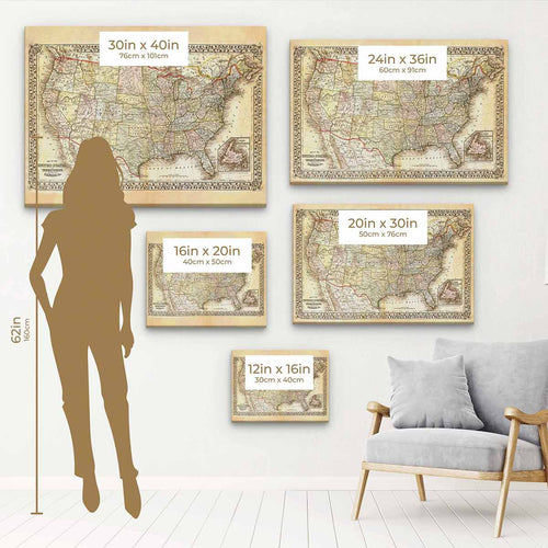 Beige old US map Wall Art Canvas 3720