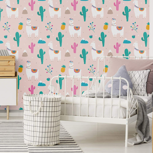 Pink Llama Themed Peel and Stick Removable Wallpaper