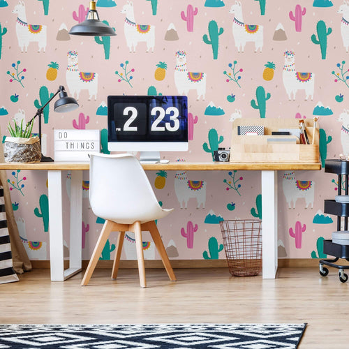 Pink Llama Themed Peel and Stick Removable Wallpaper