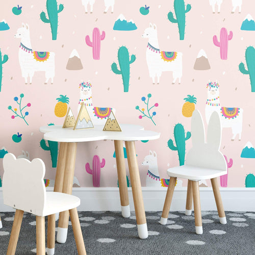 Pink Llama Themed Peel and Stick Removable Wallpaper