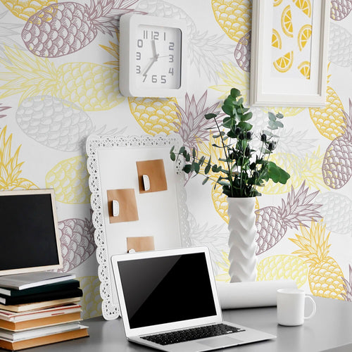 Yellow and White Tropical Themed Peel and Stick Removable Wallpaper
