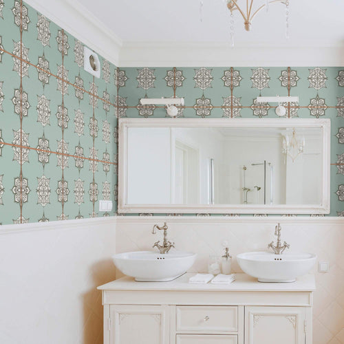 Grey and White Damask Tile Adhesive Removable Wallpaper 030c| Walls By Me