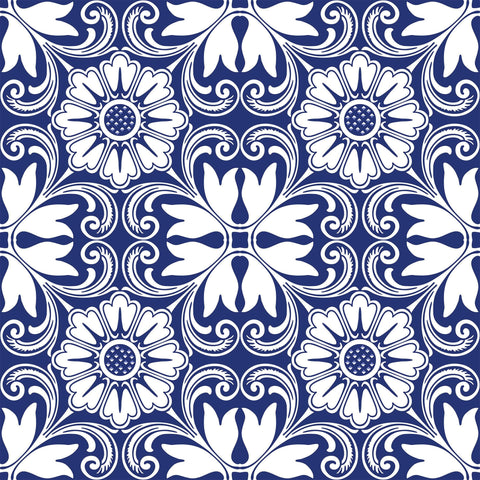 Blue Floral Tile Adhesive Peel and Stick Removable Wallpaper