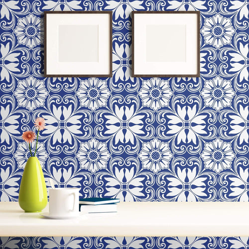 Blue Floral Tile Adhesive Peel and Stick Removable Wallpaper