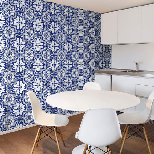 Blue Floral Tile Adhesive Peel and Stick Removable Wallpaper