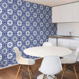 Blue Floral Tile Adhesive Peel and Stick Removable Wallpaper