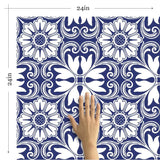 Blue Floral Tile Adhesive Peel and Stick Removable Wallpaper